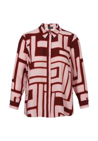 Langärmlige Bluse in Rosa und Dunkelrot mit geometrischem Muster. Verfügt über einen Kragen, eine Knopfverschluss und eine lockere Passform. Glatte Stofftextur.