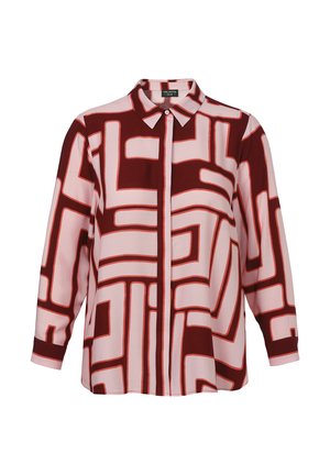 Langärmlige Bluse in Rosa und Dunkelrot mit geometrischem Muster. Verfügt über einen Kragen, eine Knopfverschluss und eine lockere Passform. Glatte Stofftextur.