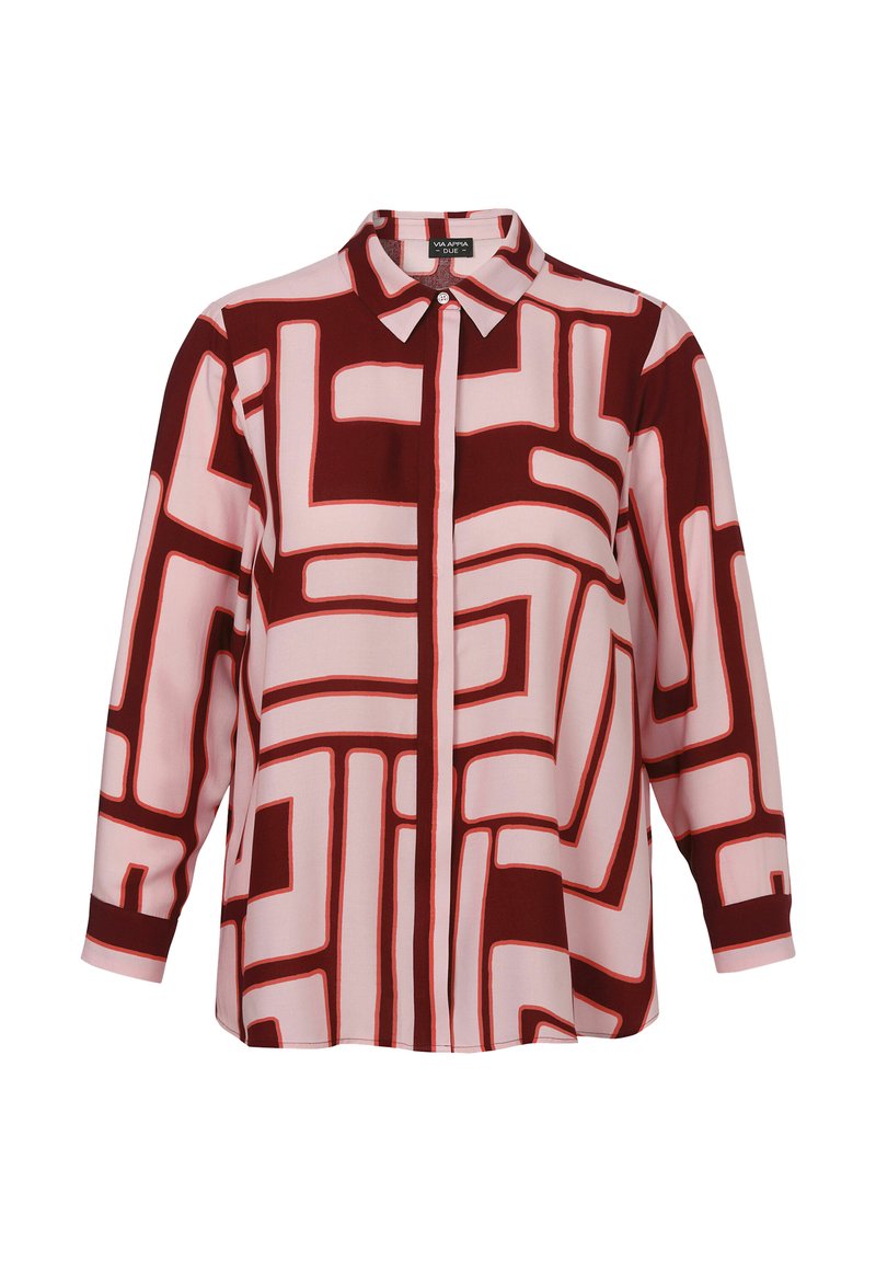 Langärmlige Bluse in Rosa und Dunkelrot mit geometrischem Muster. Verfügt über einen Kragen, eine Knopfverschluss und eine lockere Passform. Glatte Stofftextur.