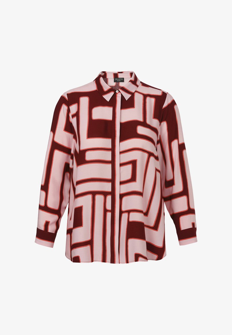 Long-sleeve blouse in pink and deep red with a geometric pattern. Features a collar, button closure, and a relaxed fit. Smooth fabric texture.