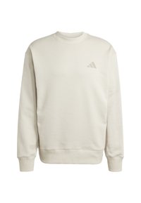 Sudadera color beige claro hecha de una suave mezcla de algodón, con cuello redondo acanalado, mangas largas y un pequeño logo en el pecho.