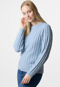 Hellblauer gestrickter Pullover mit einem Zopfmuster, Rundhalsausschnitt und gerippten Bündchen. Kombiniert mit blauen Jeans, die die Textur des Stoffes betonen.
