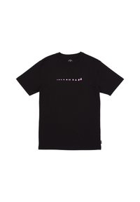 Camiseta negra de algodón con un gráfico frontal en rosa, que muestra texto y formas, con un cuello redondo clásico y mangas cortas.