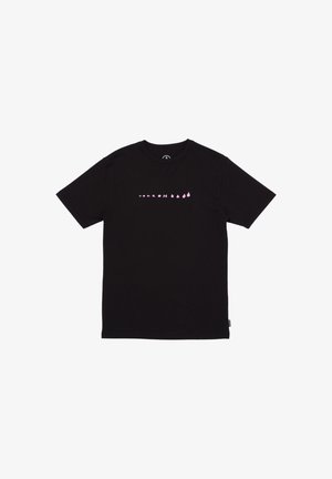 Black t-shirt made of cotton features a front graphic in pink, displaying text and shapes, with a classic crew neck and short sleeves.