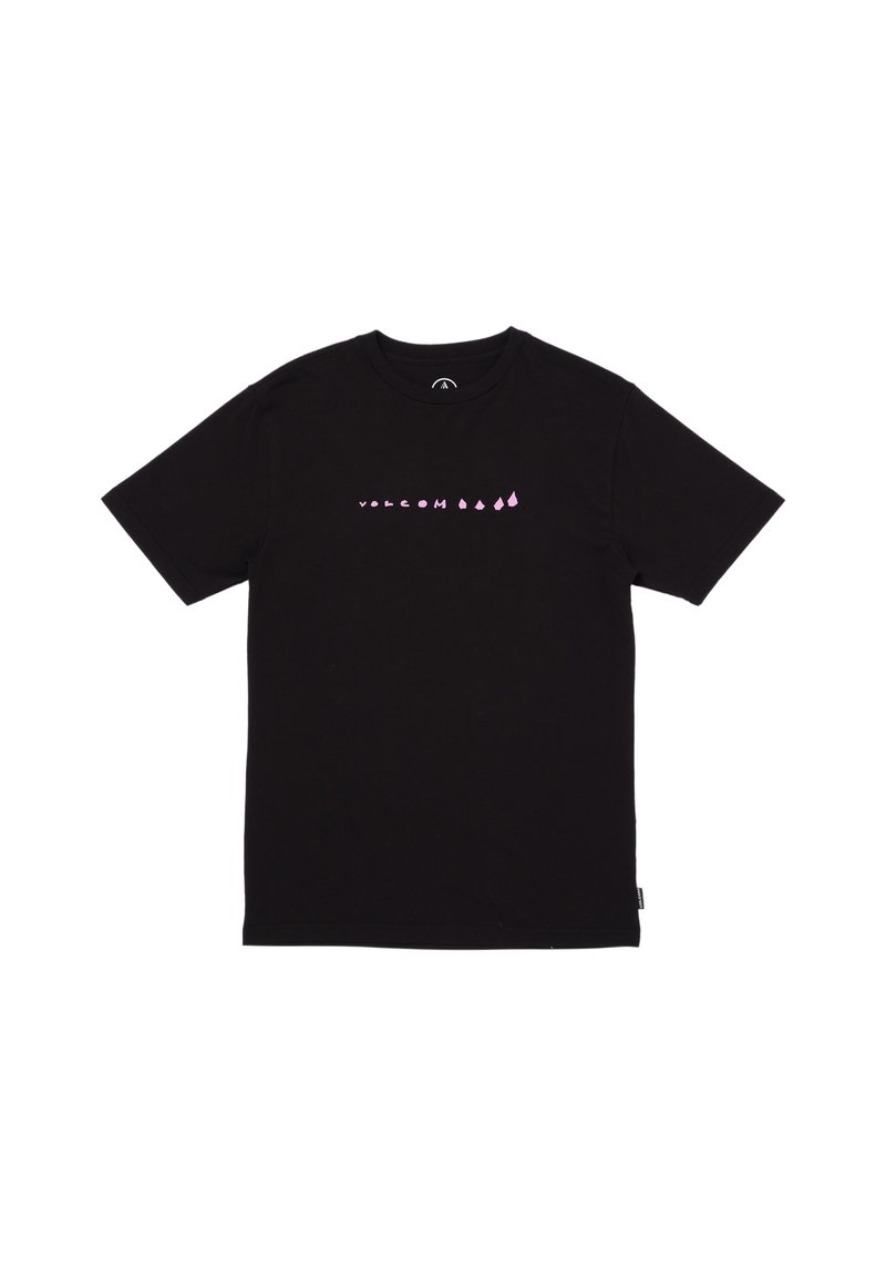 Camiseta negra de algodón con un gráfico frontal en rosa, que muestra texto y formas, con un cuello redondo clásico y mangas cortas.