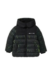 Giacca a vento nera con linee verdi, cappuccio, tasche con zip e un pannello solido sulla parte superiore frontale. Presenta una texture trapuntata e cuciture robuste.