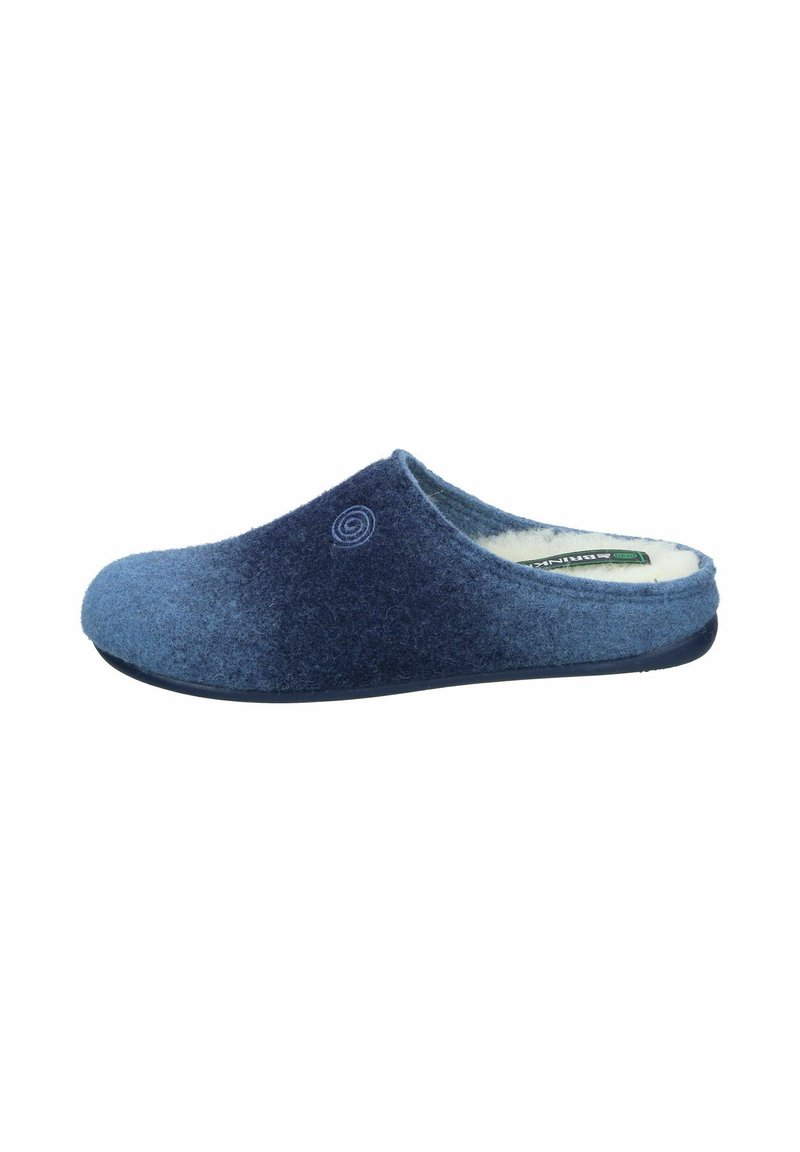 Blue felt slipper featuring a rounded shape, soft texture, and a stitched spiral detail. Cushioned interior, durable sole.