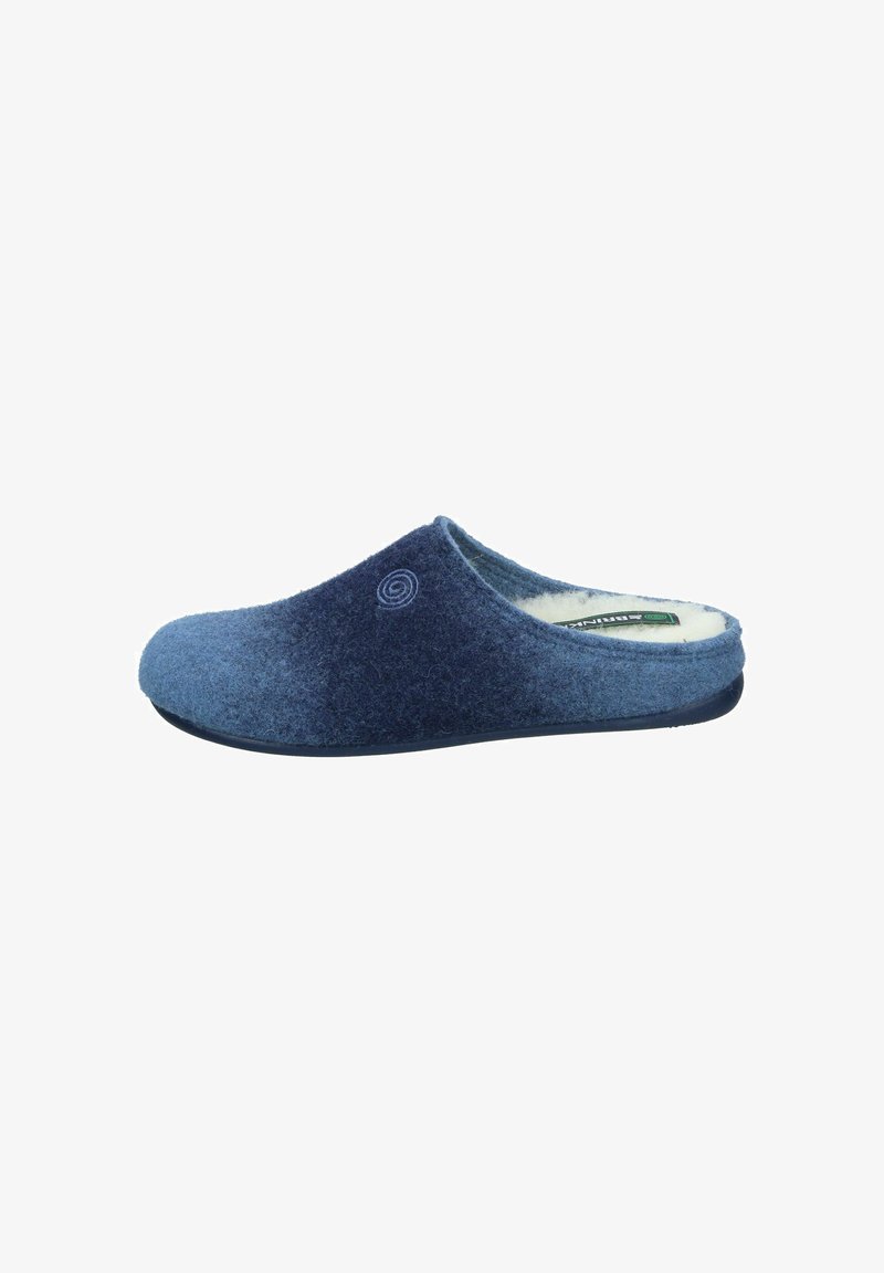 Blue felt slipper featuring a rounded shape, soft texture, and a stitched spiral detail. Cushioned interior, durable sole.