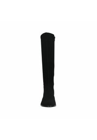 Black over-the-knee boot made of soft suede material, rounded toe, smooth silhouette, and side zipper detail for easy wear.