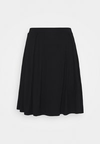 Zwarte A-lijn rok van zachte stof. Heeft subtiele plooien, een nauwsluitende tailleband en een vloeiende silhouet. Glad van textuur, zonder patronen of versieringen.