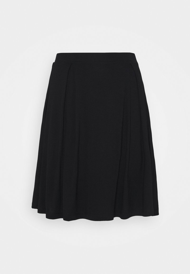 Zwarte A-lijn rok van zachte stof. Heeft subtiele plooien, een nauwsluitende tailleband en een vloeiende silhouet. Glad van textuur, zonder patronen of versieringen.