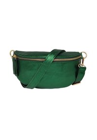 Sac bandoulière en faux cuir métallique vert avec une forme courbée, fermeture éclair dorée et bandoulière réglable. Comprend un petit détail de pompon.