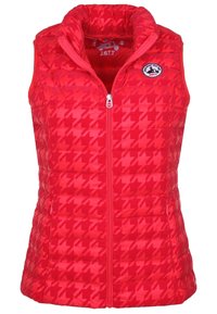 Czerwona kamizelka z podszewką, posiadająca wysoki kołnierz, wzór w zygzak, pełny zamek z przodu oraz naszywkę z logo na piersi. Teksturowana powierzchnia z bocznymi kieszeniami.