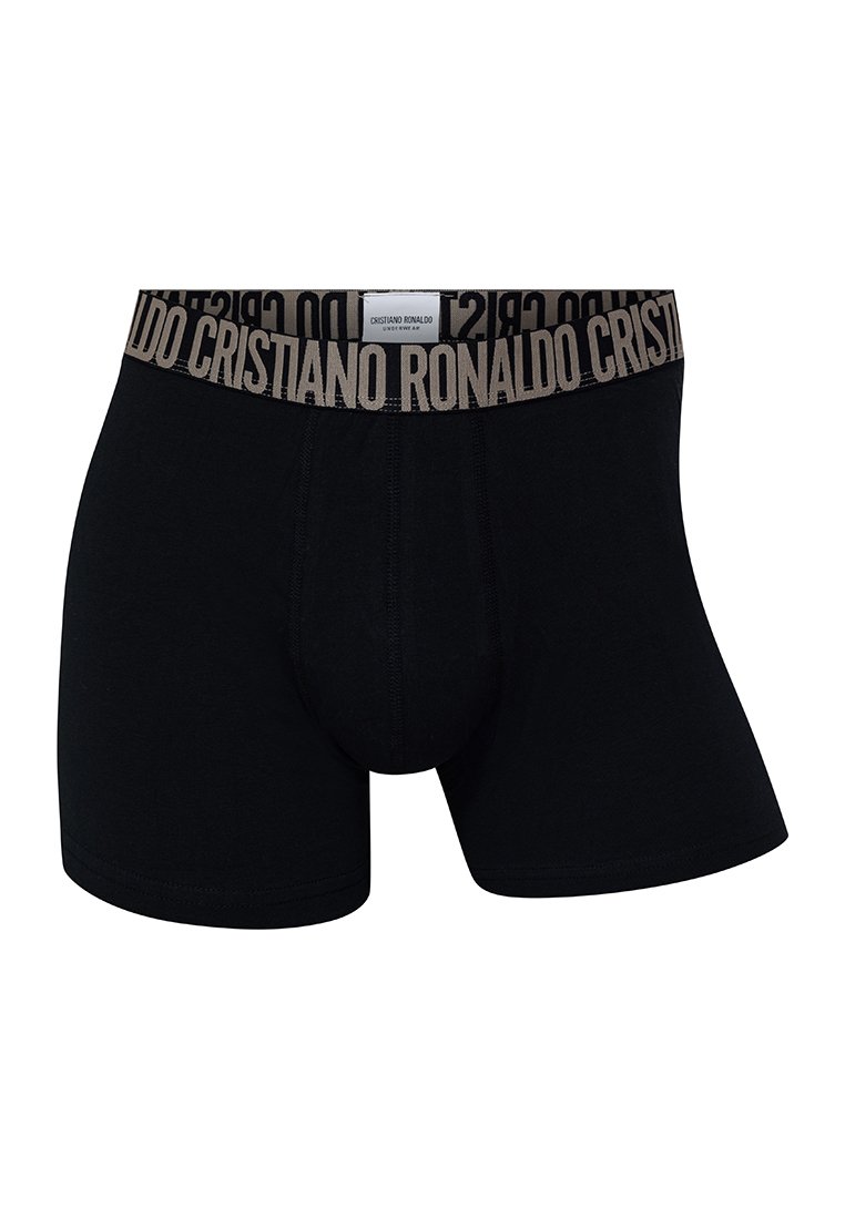 Bóxer negro con un ajuste ceñido, fabricado en algodón. Presenta una cinturilla elástica de marca en marrón con "Cristiano Ronaldo" impreso en ella.