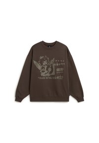 Sudadera de cuello redondo marrón oscuro con un gráfico de un querubín alado sosteniendo un disco de vinilo y el texto "RUN THE CHAOS MIXTAPE VOL. 2024."