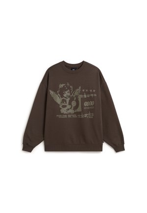 Dunkelbrauner Rundhalsausschnitt-Pullover mit Grafik eines geflügelten Cherubs, der eine Vinyl-Platte hält, sowie dem Text "RUN THE CHAOS MIXTAPE VOL. 2024."