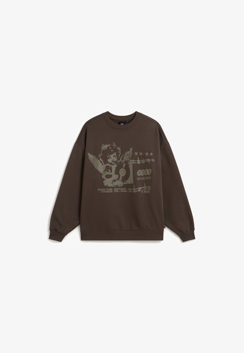 Sudadera de cuello redondo marrón oscuro con un gráfico de un querubín alado sosteniendo un disco de vinilo y el texto "RUN THE CHAOS MIXTAPE VOL. 2024."