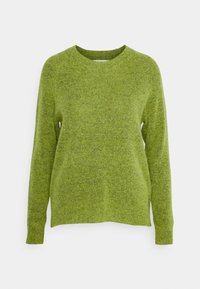 Grüner gestrickter Pullover mit langen Ärmeln, Rundhalsausschnitt und lockerer Passform. Strukturierten Stoff mit meliertem Muster.