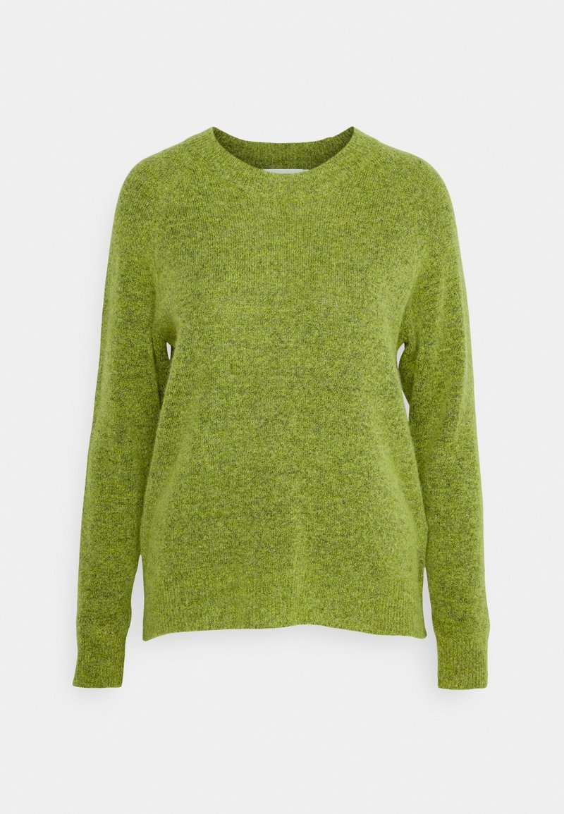 Grüner gestrickter Pullover mit langen Ärmeln, Rundhalsausschnitt und lockerer Passform. Strukturierten Stoff mit meliertem Muster.