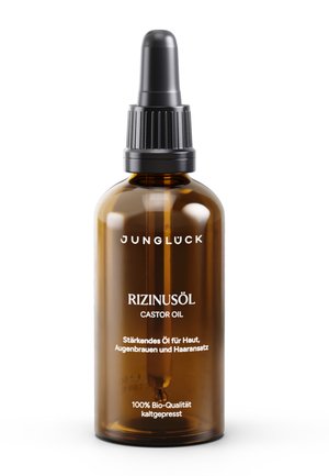 Brown glass bottle with black dropper cap labeled Jungluck Castor Oil, for skin, eyebrows, and hair roots, 100% organic cold-pressed.