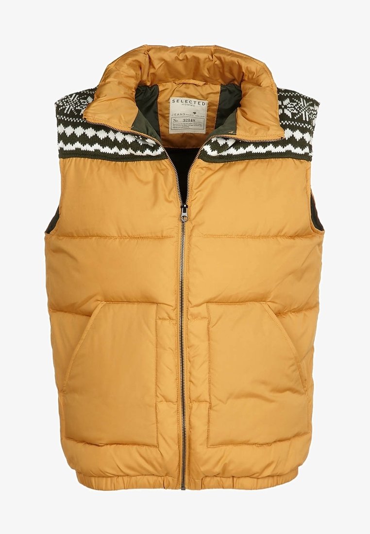 Keltainen puhallettava liivi, jossa on korkea kaulus, vetoketju edessä, kaksi etutaskua ja mustavalkoinen kudottu kuvio olkapäissä.