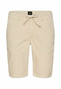 Beige Shorts aus Baumwolle mit einem Kordelzugbund, Seitentaschen und einer glatten Textur. Gerade geschnitten mit genähten Details.