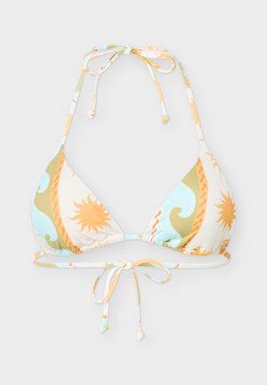 Haut de bikini triangle avec motifs de soleil et de vagues en orange, bleu clair et beige, doté de fermetures à nouer au cou et dans le dos.