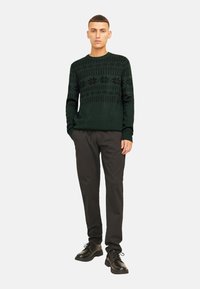 Dark green knit sweater featuring a textured pattern, paired with dark trousers and black lace-up shoes. Model standing in a neutral background.