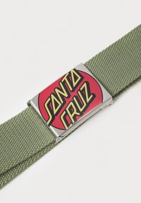 Green woven belt with a metallic buckle featuring a red and black circle logo, displaying the text "SANTA CRUZ" in bold lettering.