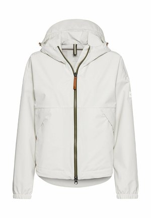 Weiße Windjacke mit Reißverschluss vorne, elastischen Bündchen und Kapuze. Enthält Seitentaschen und einen Lederakzent am Reißverschluss.