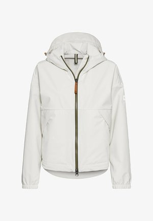 Witte windbreaker jas met een rits aan de voorkant, elastische manchetten en een capuchon. Inclusief zijzakken en een leren accent op de rits.