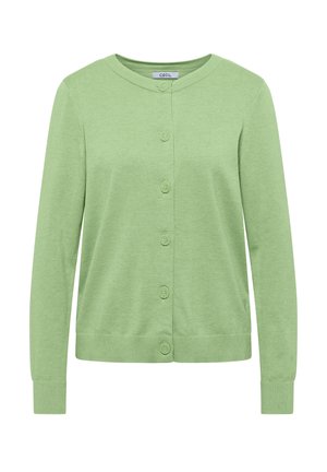 Vaaleanvihreä pitkähihainen neuletakki pyöreällä pääntiellä ja kuudella edessä olevalla napilla, resorit hihansuissa ja helmassa, etiketti jossa lukee "CECIL".