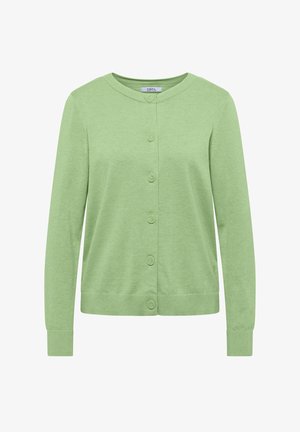 Cardigan vert clair à manches longues avec encolure ronde et six boutons sur le devant, poignets et ourlet côtelés, étiquette portant la mention "CECIL".