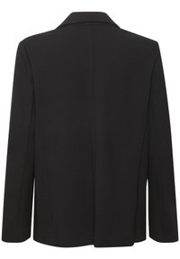 Černý blazer s strukturovaným designem, klopovým límcem a dlouhými rukávy. Hladká textura s minimálními švy na zadní straně.