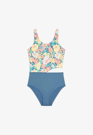 Haut de bikini à motif floral avec bretelles réglables dans des couleurs pastel ; bas de bikini taille haute de couleur bleue unie. Texture de tissu lisse.