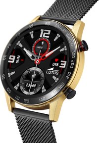 Gold-tone smart watch with a black textured dial, silver accents, red detailing, and a black mesh strap. Features multiple dials and buttons.