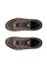 Paire de chaussures de sport marron et rose avec une conception en mesh et à lacets, vue de dessus sur un fond blanc.