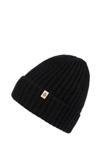 Black ribbed knit beanie with folded cuff and small rectangular patch featuring a crest logo on the cuff.