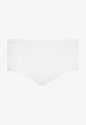 Białe hipsterki z mieszanki bawełny o gładkiej strukturze, bezszwowych brzegach oraz szerokiej talii dla wygody. Bez wzorów ani dodatków.