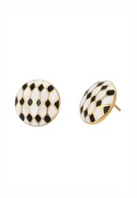 Orecchini a stud in tono oro con forma ovale, design geometrico in smalto bianco e nero, con una finitura liscia e dettagli in rilievo.