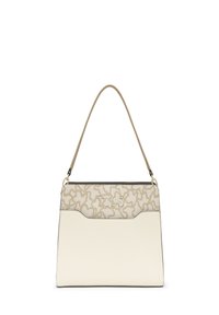 Bolso de mano de cuero beige con una textura suave, que presenta una sección superior estampada y un detalle de logo. Tiene un único asa curvada.