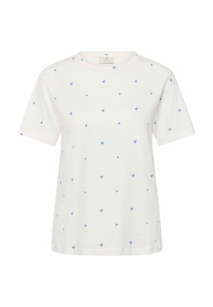 Weißes T-Shirt mit kurzen Ärmeln aus Baumwolle, mit einem verstreuten blauen Herzmuster, rundem Ausschnitt und regulärer Passform.