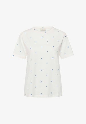 Weißes T-Shirt mit kurzen Ärmeln aus Baumwolle, mit einem verstreuten blauen Herzmuster, rundem Ausschnitt und regulärer Passform.