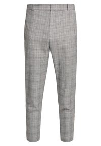 Pantalon à carreaux gris avec une coupe ajustée, présentant un mélange de lignes fines et épaisses, une texture lisse et une longueur raccourcie.