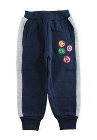 Pantalon de survêtement pour enfants en bleu marine et gris avec poignets côtelés et quatre écussons d'emblèmes de super-héros sur la cuisse droite.
