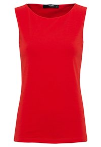Top senza maniche rosso in cotone liscio, con scollatura rotonda e design aderente. Colore unico e semplice, senza motivi o dettagli.