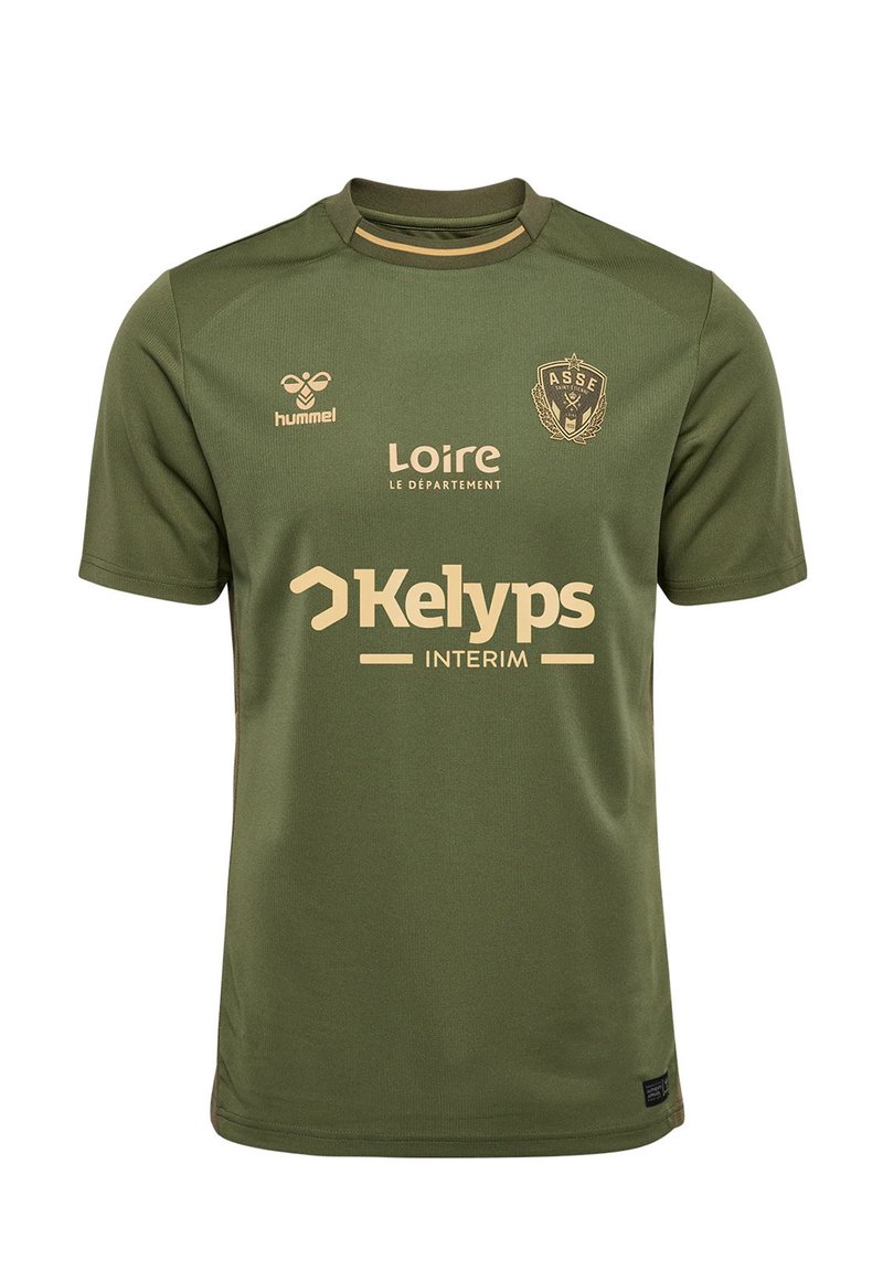 Camiseta de manga corta de color verde oliva con cuello redondo, que presenta logotipos dorados: "Hummel", "Loire" y "Kelyps Interim", además de un emblema en el pecho izquierdo.
