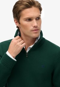 Suéter de punto verde con un alto cuello, cierre de media cremallera y puños acanalados. Presenta un logo bordado en el pecho. Lleva una camisa blanca por debajo.