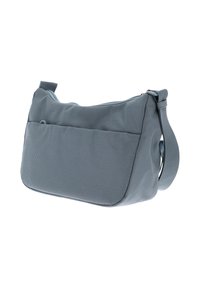 Borsa a tracolla grigia con texture, chiusura con zip, tracolla regolabile e tasca frontale. Caratterizzata da un motivo sottile su tessuto resistente.