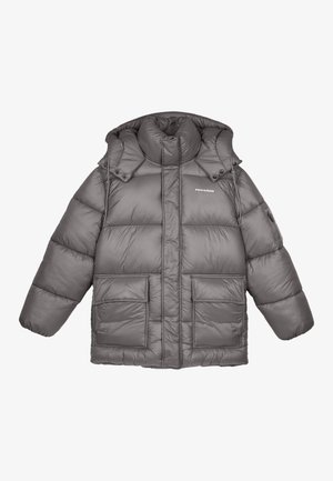 Casaco de puffer cinza, acolchoado, com gola alta, dois grandes bolsos frontais e um logótipo da marca no lado esquerdo do peito. Apresenta um fecho de correr à frente e um capuz.